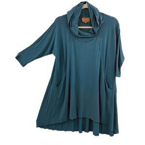 Bel Kazan Hooded Tunic Top Size XS Teal 3/4 Sleeves Pockets Pullover Lagenlook